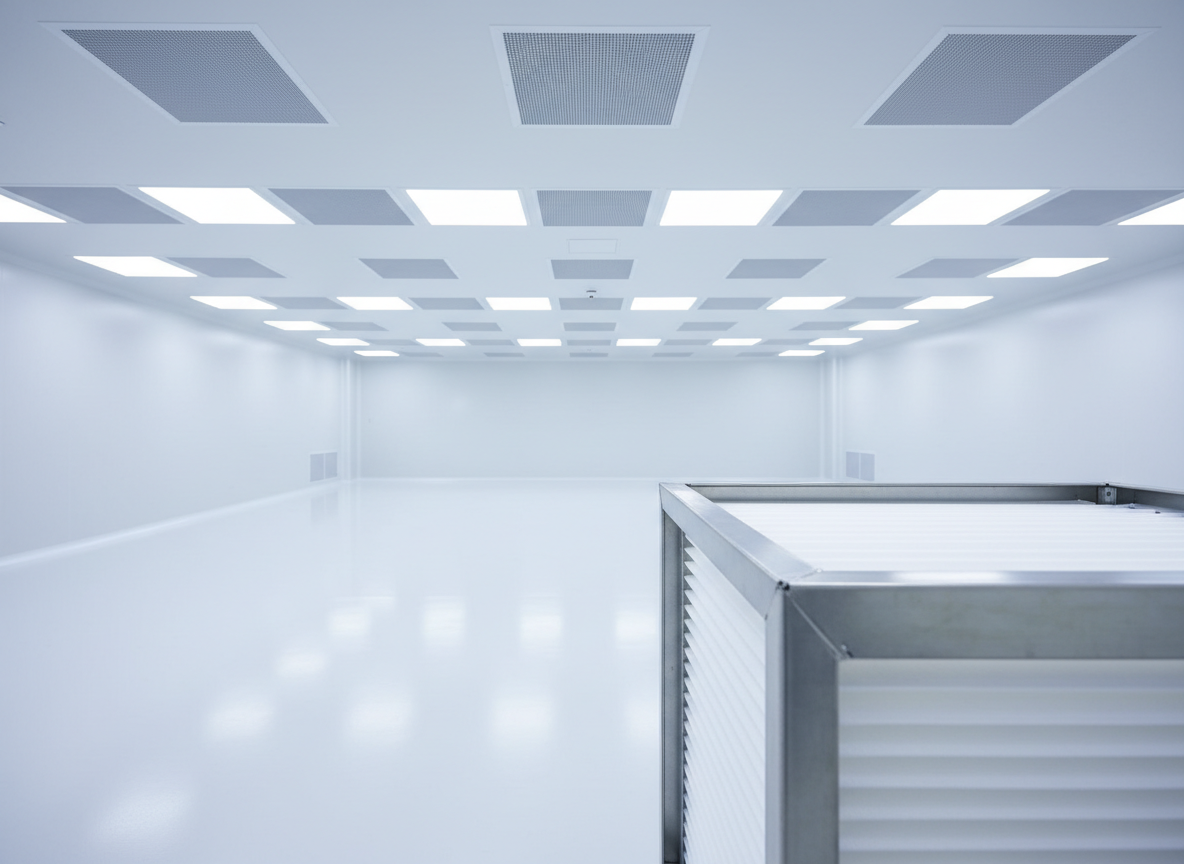 An immaculate cleanroom environment filled with advanced equipment, dominated by a ceiling system of large, recessed HEPA filter modules with fine perforated metal grilles. Below, glossy white flooring and smooth, seamless walls reflect the uniform, cool light. Near the foreground, a close-up of one open filter module reveals dense white filtration media within a robust metallic frame, emphasizing quality and protection. Overhead LED lighting is bright yet diffused, minimizing harsh shadows and giving a clinical, high-tech atmosphere. Shot from a slightly low angle to emphasize the ceiling filtration grid, with strong depth and sharp focus throughout. The photographic image communicates precision, controlled air quality, and the company’s expertise in critical environments such as pharmaceutical production and electronics manufacturing.