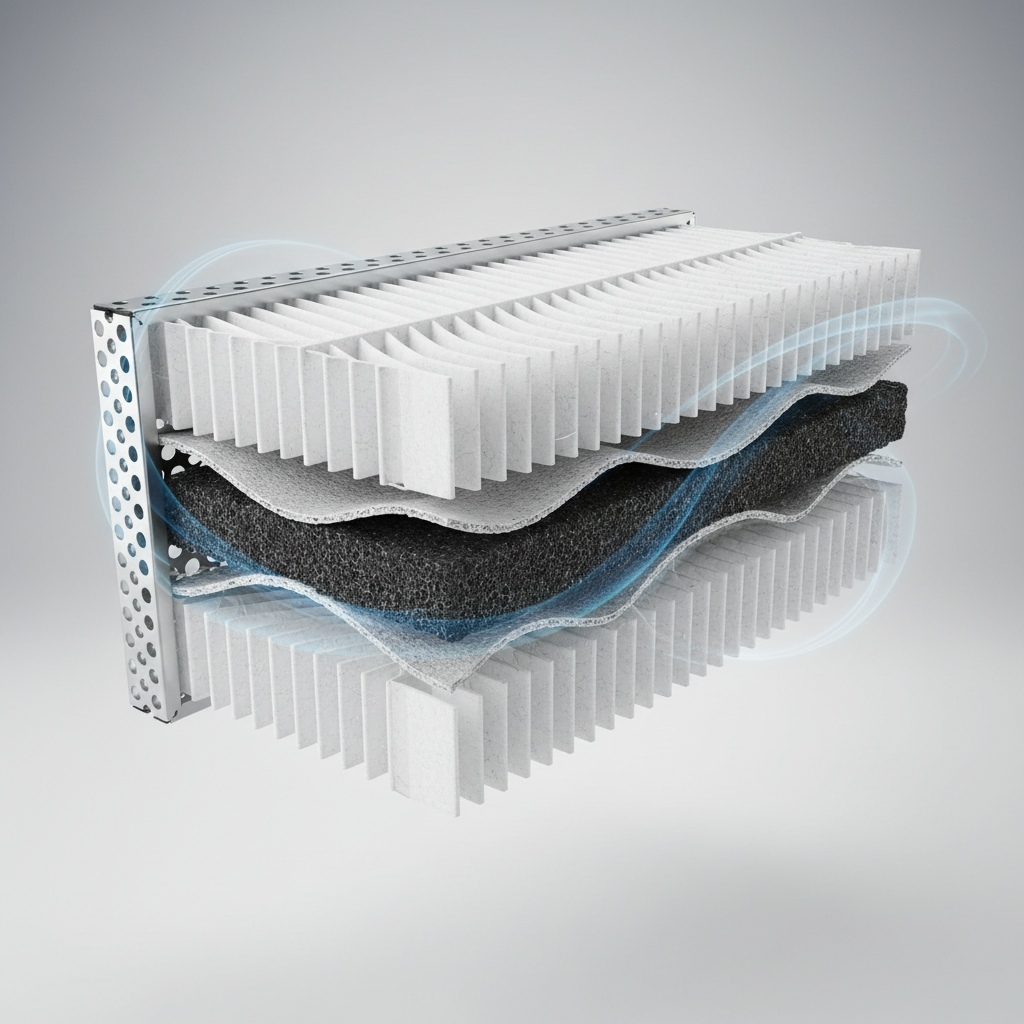 A cross-section display of a premium air filter cartridge, showing multiple distinct layers of white pleated media, activated carbon granules, and a rigid metallic frame, suspended in front of a neutral gradient background. Fine fibers, porous textures, and precise bonding lines are rendered in meticulous detail. A faint, translucent blue airflow pattern wraps around and through the layers, symbolizing purified air. Soft studio lighting from both sides creates even illumination, subtle shadows, and delicate highlights on edges. Shot with a slightly elevated angle and shallow depth of field, the background gently blurs to keep all attention on the filter’s internal structure. The photographic, scientific presentation feels technical, professional, and educational, ideal for explaining product specifications and filtration efficiency.