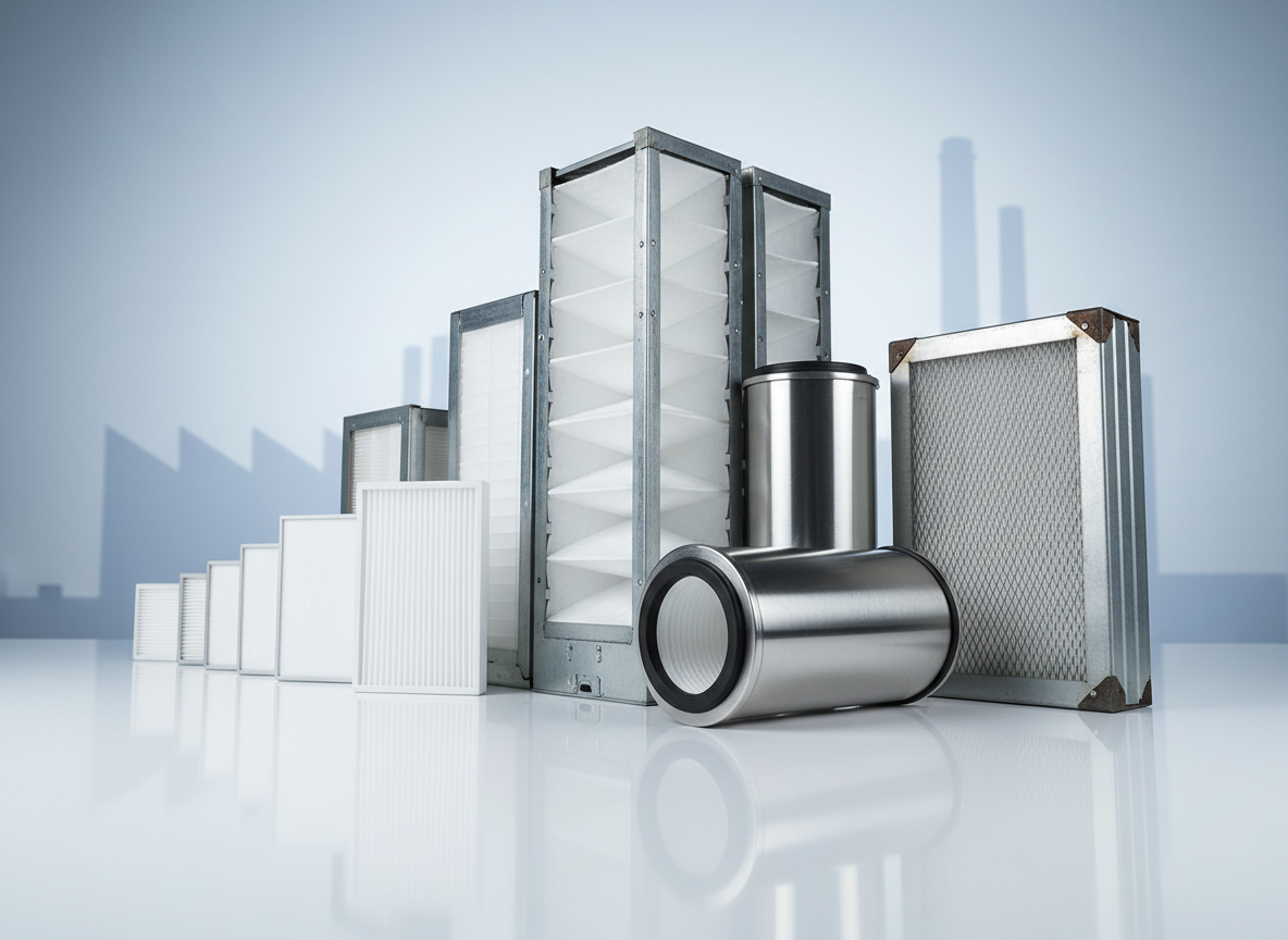 A sleek, organized product lineup of different industrial air filters arranged on a reflective white surface: compact panel filters, large V-bank filters, cylindrical HEPA units, and rugged metal-framed pre-filters. Each product has distinct textures, from smooth powder-coated frames to finely pleated media and mesh screens. The background is a clean, soft gradient with a subtle suggestion of an abstract factory skyline. Gentle, evenly distributed studio lighting creates crisp, shadowed contours and accurate color representation. Captured from a low, wide-angle perspective with sharp focus, the composition stretches the lineup diagonally across the frame, symbolizing a complete product range. The mood is modern, orderly, and professional, highlighting product categories and technical breadth in photographic realism.