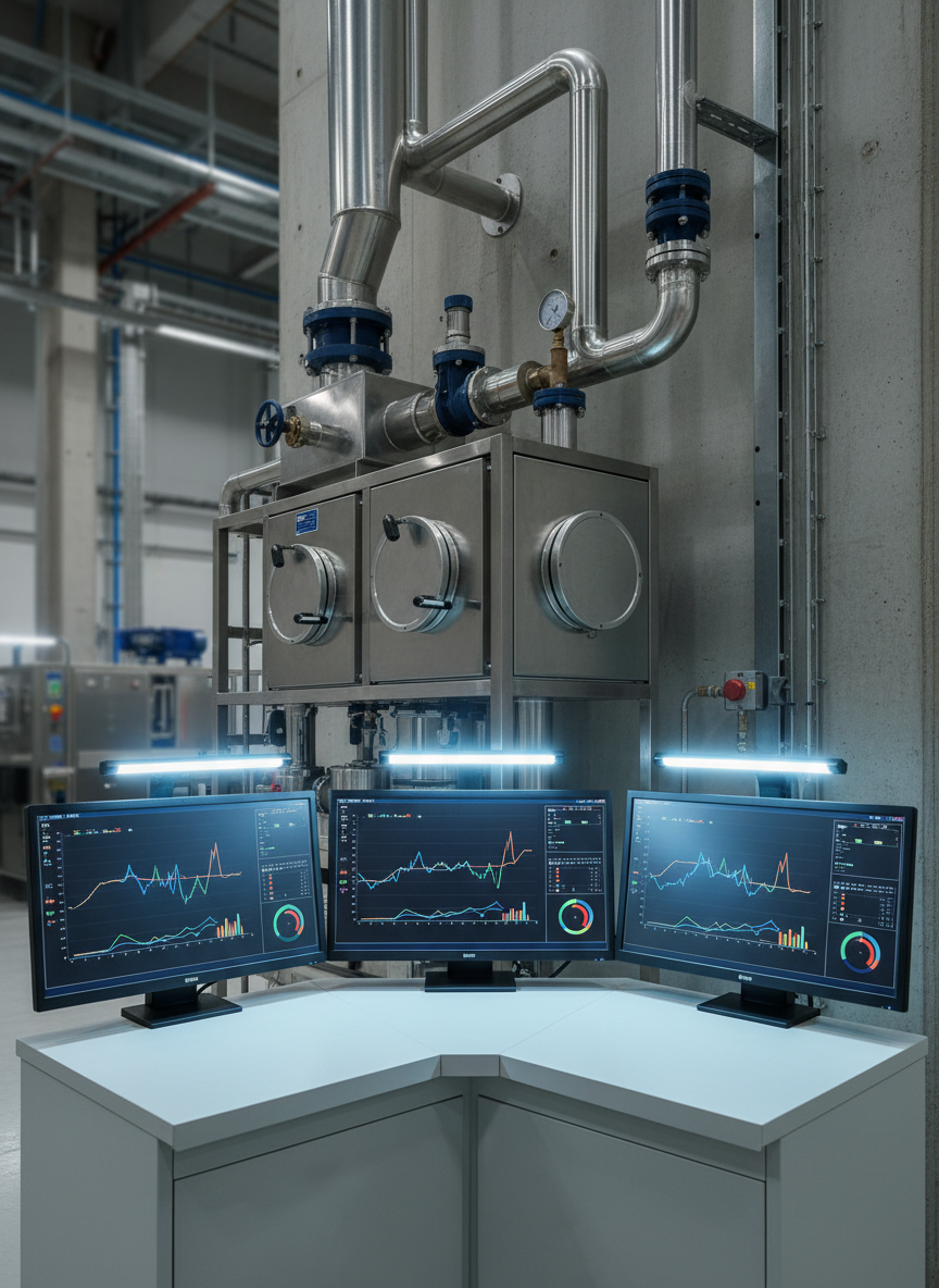 A professional control and monitoring corner in an industrial plant dedicated to air filtration systems. On a clean, light-grey console, several digital monitoring screens display simplified charts and colored indicators representing airflow, pressure, and filter performance, without any readable text. Behind the console, ductwork and a compact filtration skid with visible filter housings and valves are neatly installed against a concrete wall. Focused, cool-toned LED task lighting illuminates the equipment, creating crisp reflections and clear edges while the distant background falls into a soft blur. Captured from an eye-level perspective with a balanced, symmetrical composition, the photographic scene conveys technical competence, real-time system control, and the company’s ability to safeguard air quality in complex industrial processes.